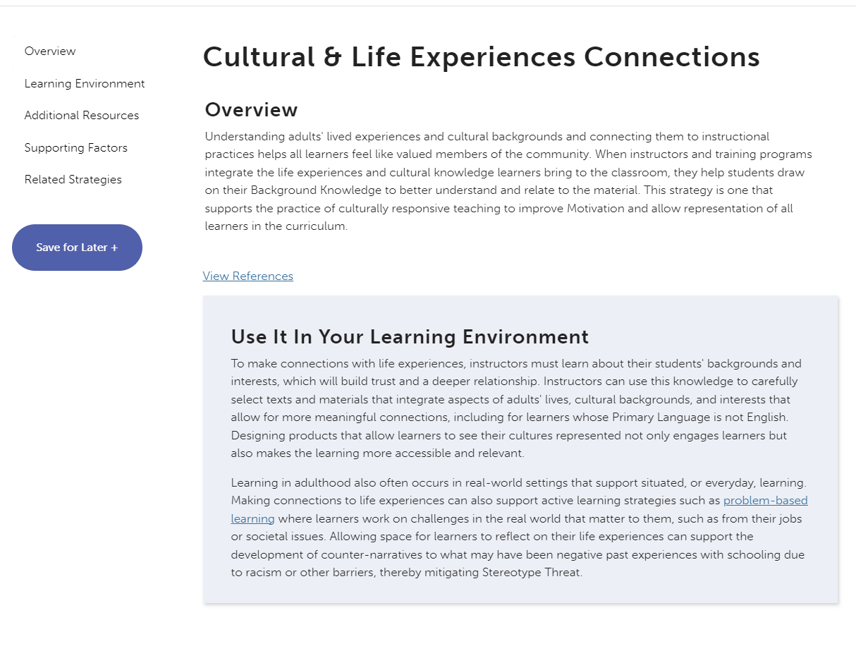 Cultural and Life Experiences Connections